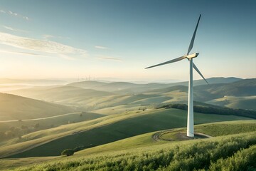 Wind turbine on rolling green hills