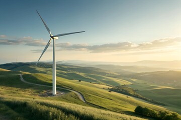 Obraz premium Wind turbine on rolling green hills