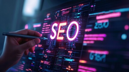 Hand Using Stylus to Point at Glowing "SEO" on Computer Screen