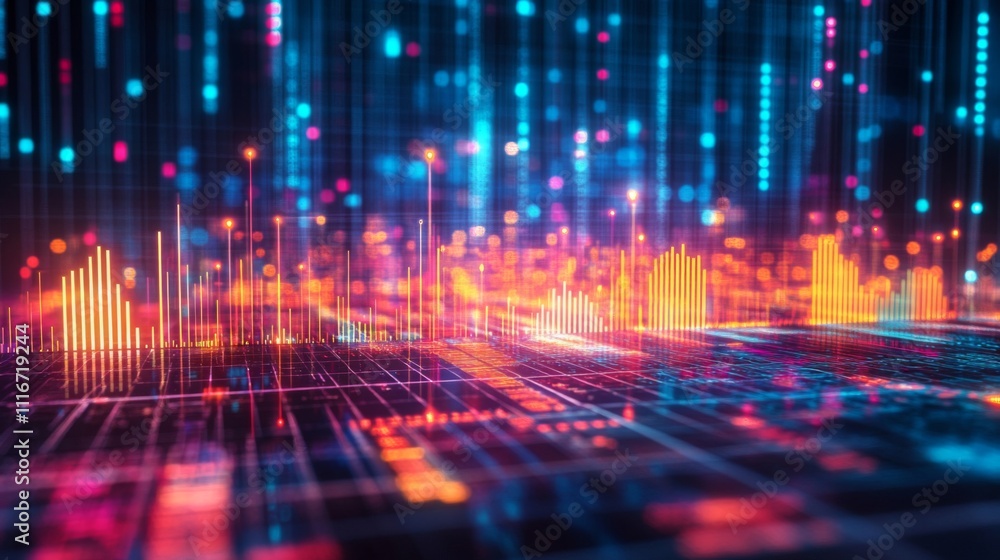 Poster abstract digital data visualization with colorful lines and grids