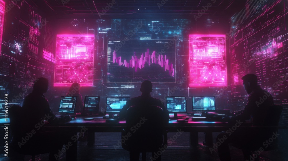 Poster hackers working in a dark room with neon lights and data displays