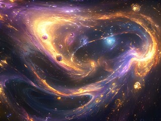 Obraz premium Mesmerizing abstract image featuring swirling golden particles in a spiral formation, evoking cosmic energy and dynamic motion against a dark background