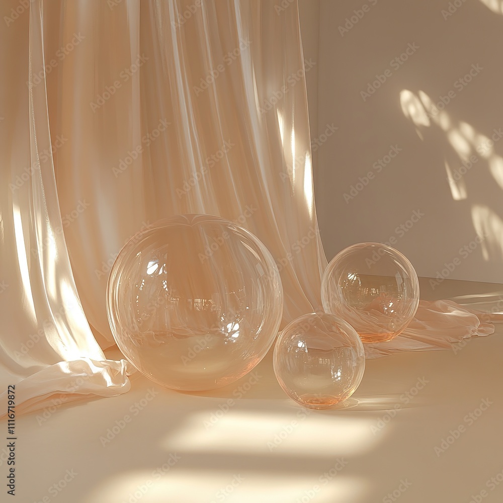 Poster artistic display of transparent bubbles studio setting photography minimalist environment soft light