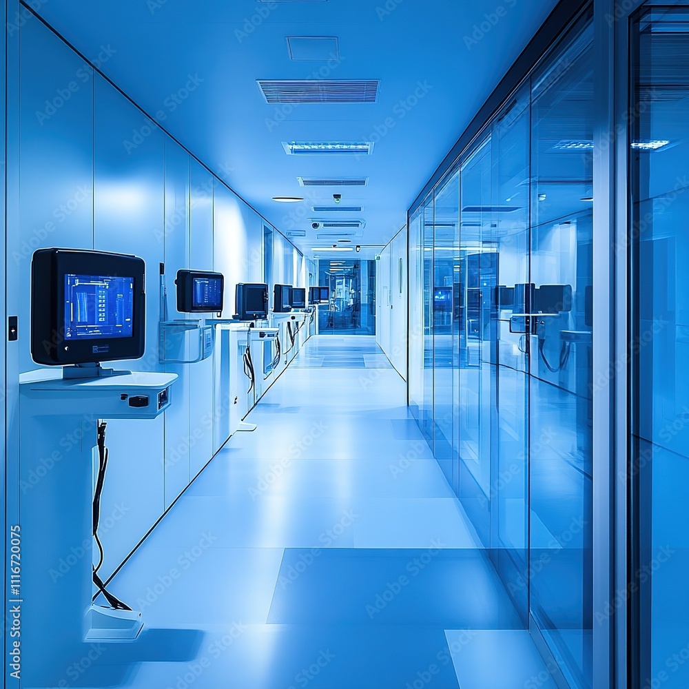 Poster advanced technology systems operating in a high-tech laboratory corridor clean environment futuristi