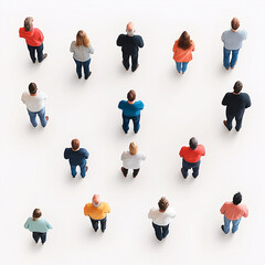 Overhead shot of people in casual clothes on a white background