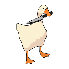 Aggressive white goose holding large kitchen knife in beak vector illustration isolated on white background depicting funny internet meme art © Yusra