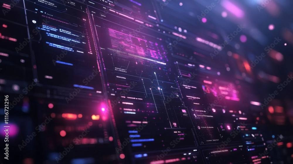 Poster futuristic digital interface with glowing data displays