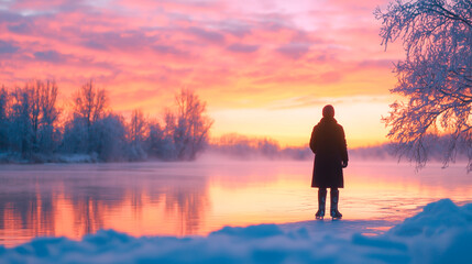 Fototapeta premium Winter Evening at Icy Lake with Skater and Snowy Trees