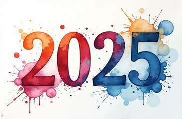 The number 2025 drawn with multi-colored watercolors on white paper, with multi-colored blots on the background
