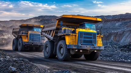 Yellow Dump Trucks in a Coal Mine