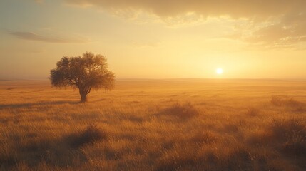 Solitary Tree in a Golden Field at Sunset