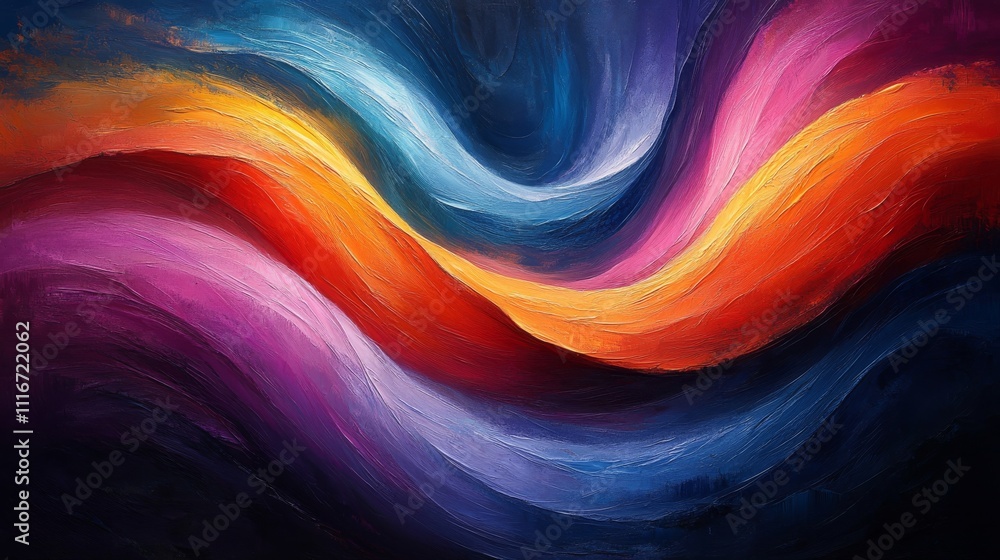 Poster vibrant abstract painting with swirling colors of blues, reds, and yellows, creating a dynamic and e