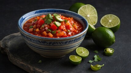 Vibrant salsa made with chopped tomatoes, onions, and jalapenos is garnished with cilantro and lime, accompanied by crispy tortilla chips on a dark wooden surface