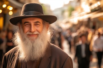 Obraz premium Dapper gentleman with a distinguished presence strolling through a bustling market street, smiling warmly in a relaxed and busy urban setting.