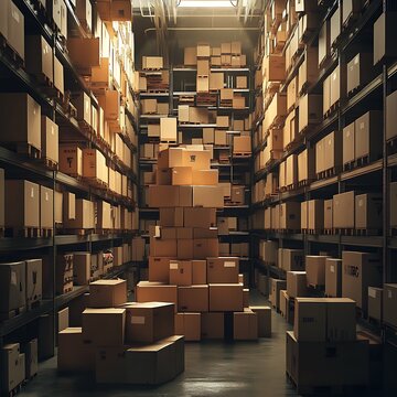 Overstocked warehouse interior filled with cardboard boxes on shelves.