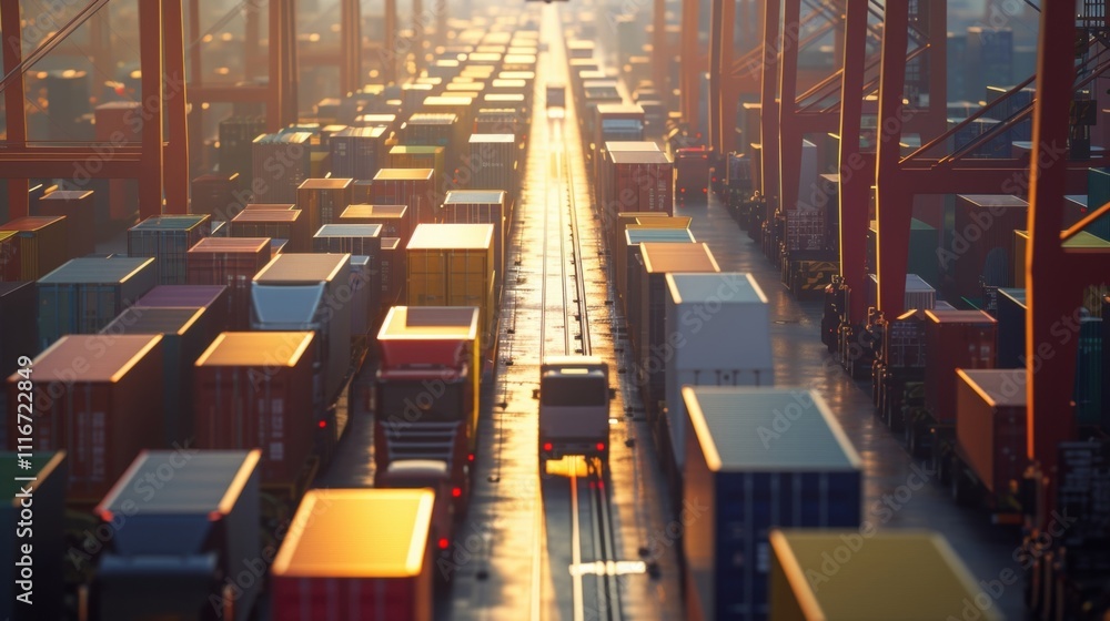 Poster a long line of trucks waiting to enter the crowded port further exacerbating the already congested s