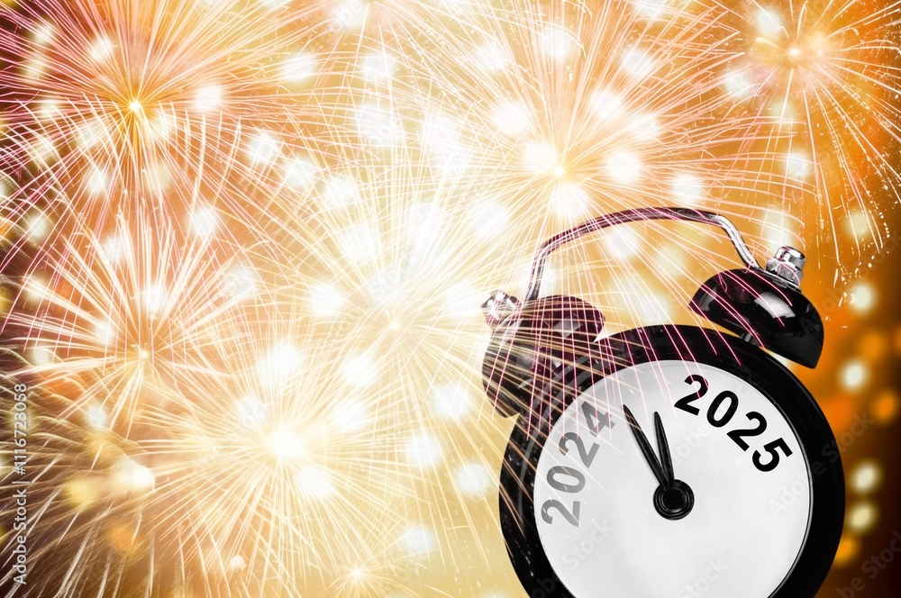 Canvas Prints 2025 Happy New Year concept with Clock And Golden Fireworks