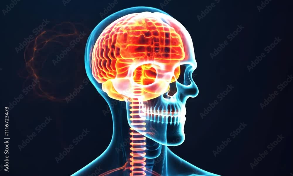 Poster detailed illustration of human skull and brain exploring neural pathways and complexity of nervous s