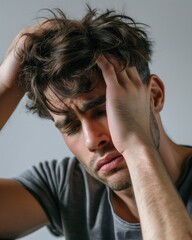 Fototapeta premium A man is expressing profound sadness, clutching his head while sitting against a plain backdrop