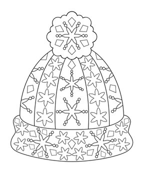 recommend clip art: Warm winter hat with pom-pom and lapel - antistress coloring book - vector linear illustration for coloring. Outline. A hat with a snowflake pattern is an element for a winter coloring book.	