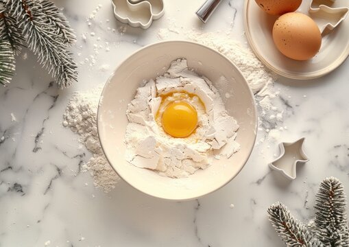 baking ingredients, bowl of flour, egg yolk, cooking preparation on marble background, holiday baking setup with eggs and decorations - Powered by Adobe