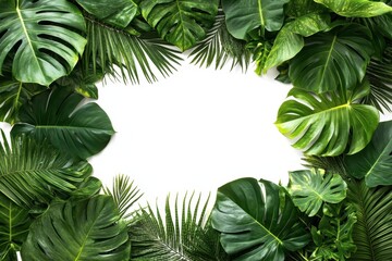 Fototapeta premium A rectangular frame made entirely of tropical leaves isolated on a white background