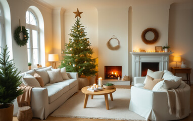 Fototapeta premium Spacious living room featuring a festive Christmas tree, glowing fireplace, and a warm holiday atmosphere.