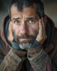 A Caucasian man expresses deep sadness, resting his head in his hands, surrounded by calm outdoor surroundings