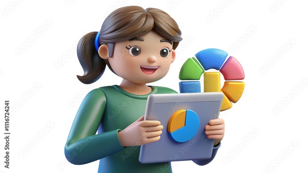 Poster colorful 3d character analyzing data on tablet with pie chart illustration
