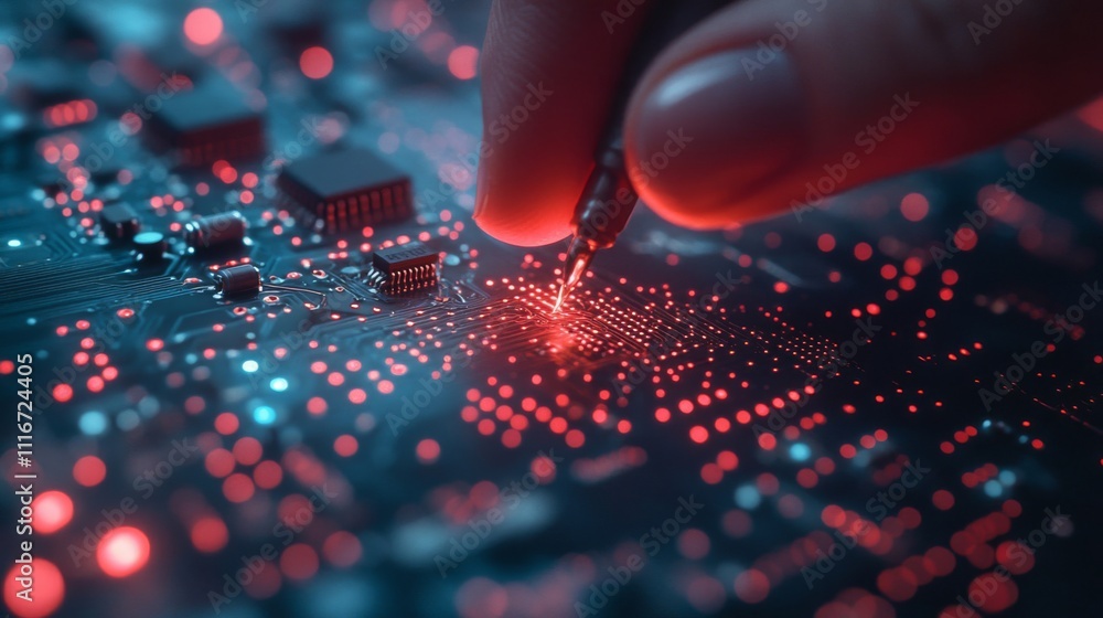 Poster close-up of a hand using a tool on a circuit board with glowing red lights