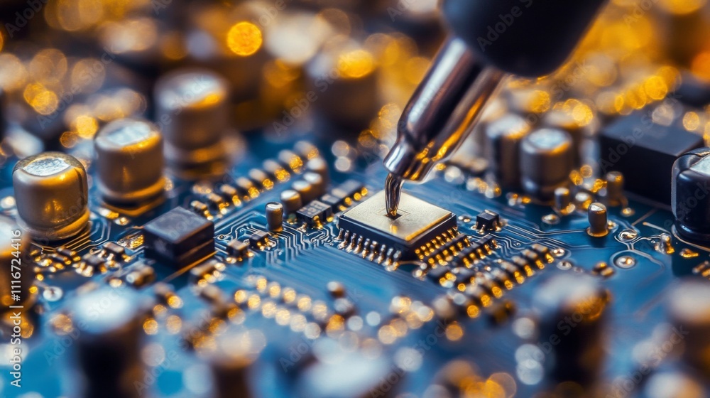 Poster close-up of a soldering iron touching a microchip on a circuit board