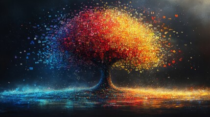 Digital tree of colorful letters in the shape of a tree with glowing orange and blue hues reflecting on water, illuminated by abstract symbols. creative technology and art concept