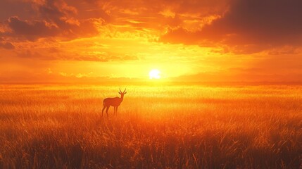 Fototapeta premium Silhouette of a Gazelle in a Golden Sunset Over a Grassy Field