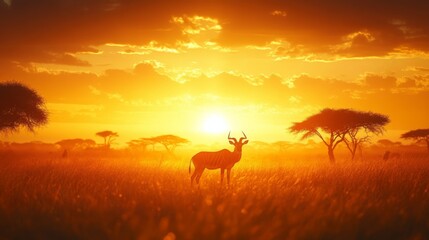 Kudu Antelope Silhouetted Against a Fiery African Sunset