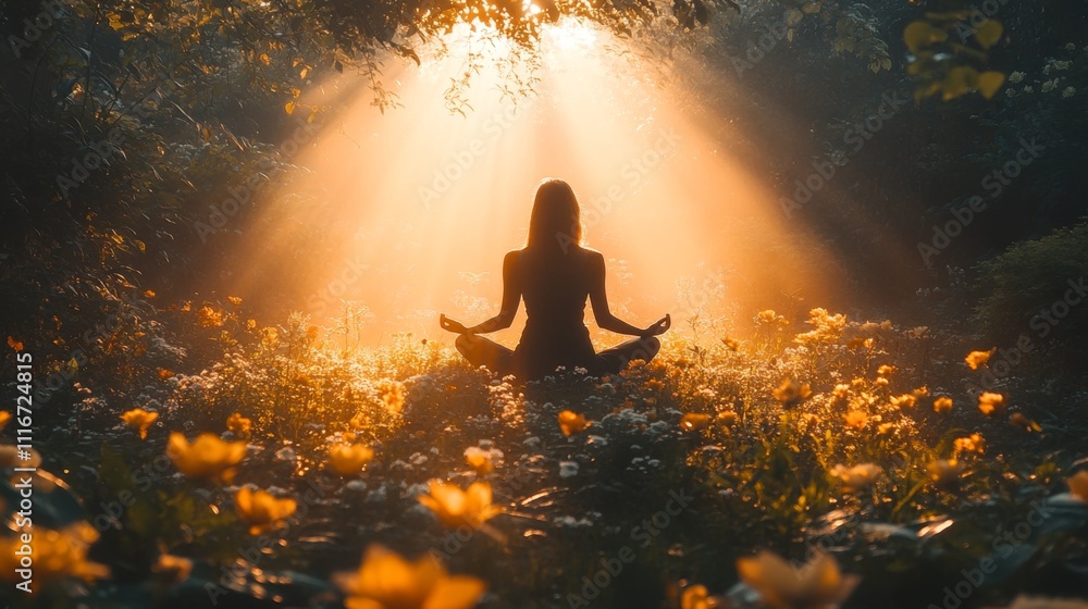 Poster surrounded by blooming flowers, an individual sits cross-legged in meditation, illuminated by soft g