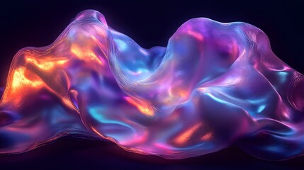 Futuristic abstract 3D holographic shape with fluid iridescent colors and glowing effects, creating a dynamic visual experience against a black background