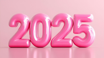 3d Realistic pink Foil Balloons. Merry Christmas and Happy New Year 2025 greeting card. 3d rendering. Vector illustration