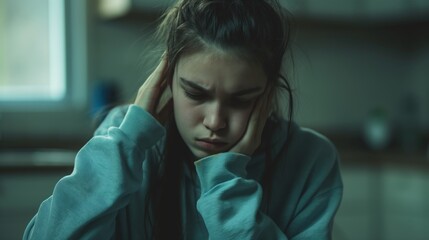 A woman in casual clothing sits in a kitchen, holding her head in her hands, appearing lost in sadness