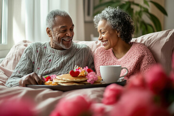 Senior interracial couple enjoying a Valentine’s breakfast in bed with heart-shaped pancakes and coffee.
