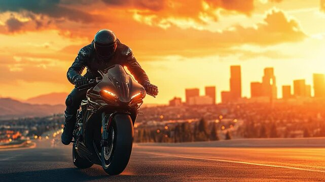 Rider enjoys sunset ride along scenic highway with distant mountainse and skylin