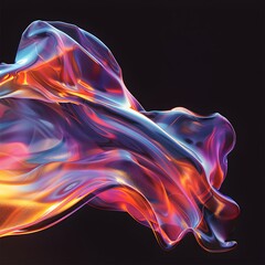Futuristic abstract 3D holographic shape with fluid iridescent colors and glowing effects, creating a dynamic visual experience against a black background