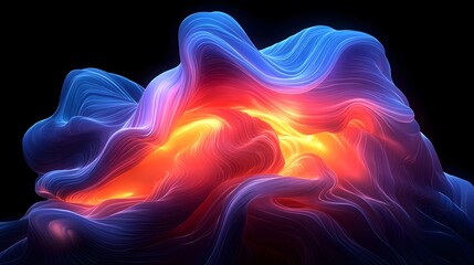 Obraz premium Futuristic abstract 3D holographic shape with fluid iridescent colors and glowing effects, creating a dynamic visual experience against a black background