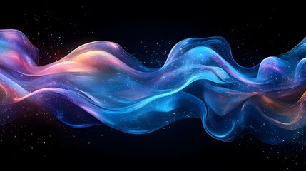 Obraz premium Futuristic abstract 3D holographic shape with fluid iridescent colors and glowing effects, creating a dynamic visual experience against a black background