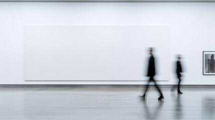Blurred people walking past a blank gallery wall