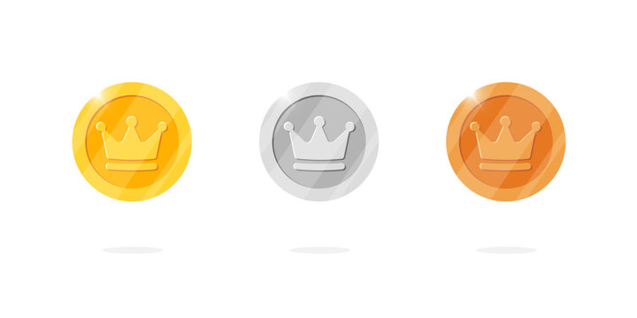 Game tokens set inspired ancient money design. Gold, silver, bronze medal coins featuring crown symbols. Perfect for video game interfaces or app animation, representing casino win and treasure reward