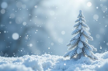 Beautiful snowy landscape with small tree, Christmas postcard, snow cover on the tree, seasonal snowfall, frosty weather, hoarfrost on wood branches, wintertime panorama, space for text