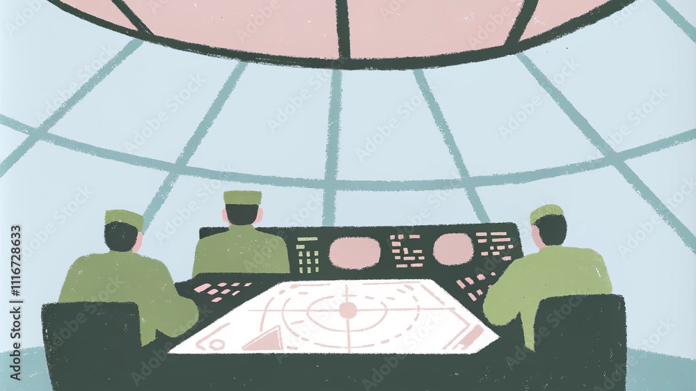 Poster futuristic control room with radar display and technicians working