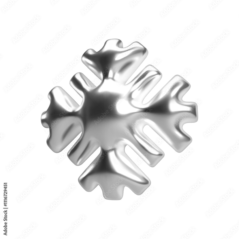 Poster 3d chrome snowflake with shiny reflective silver metallic surface. isolated vector for winter themes