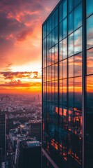 Sunset cityscape reflected in skyscraper's glass facade.