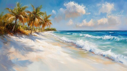 Palm Trees on a White Sandy Beach with Blue Ocean and Sky